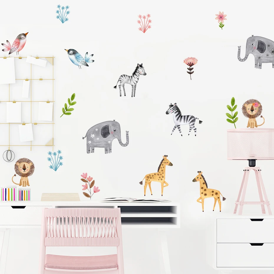 

Cute Safari Party Watercolor Nursery Wall Stickers Removable DIY Peel and Stick Wall Decals Kids Room Interior Home Decor