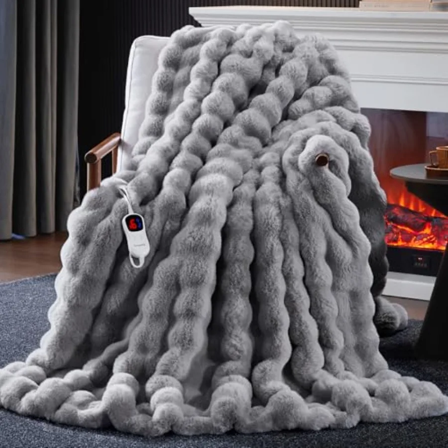 

Cozy Faux Rabbit Fur Heated Blanket Throw 50'' x 60'' with 1 2 4 6 8 Hours AutoOff Feature 10 Adjustable Heat Levels Builtin Ov