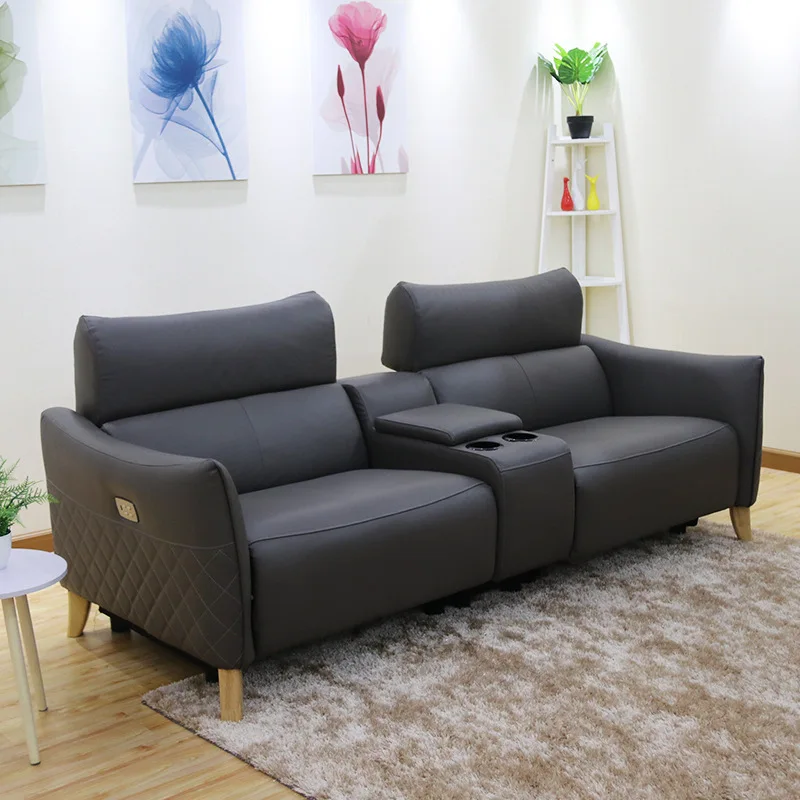 Headrest lift electric sofa simple space capsule multi-functional three-person leather sand~