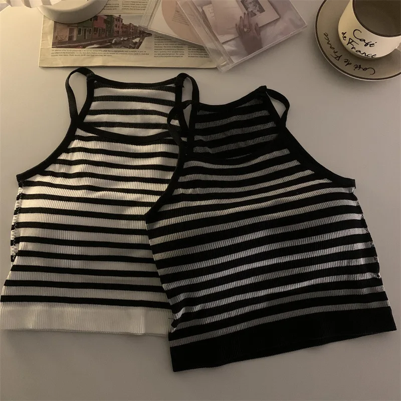 Korean Version Women Tank Tops Thread Solid Casual Fashion Crop Top with Chest Pad Stripe Sleeveless Outer Wear Basic Camisole