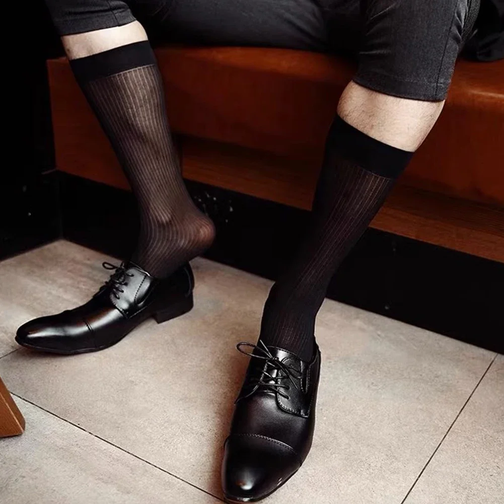 

Sheer Mens Socks 1 Pair Business Comfortable Dress Socks Formal Knee High Male Nylon See-Through Soft Striped Summer