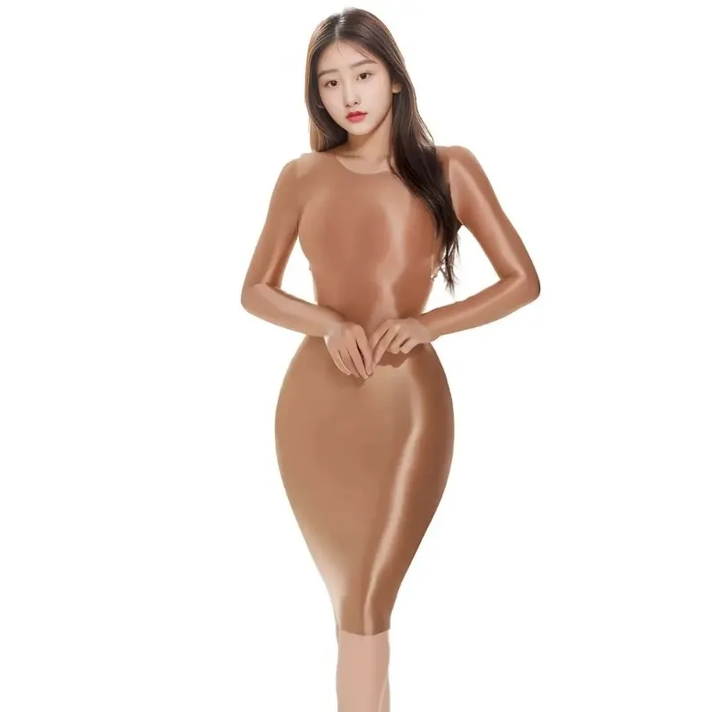 Vestido Midi de manga larga con brillo de aceite para mujer, Minifalda Sexy con cubierta de cadera, Vestido de OL, ropa de fantasía para discoteca, bata de juego sexual corporal