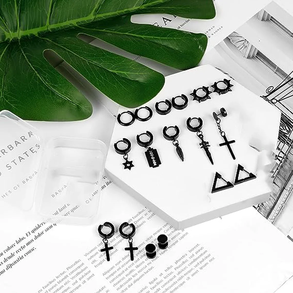 22 piece black men's earring set stainless steel small hug circle earrings cross studs and earrings, fashionable pierced jewelry view 5