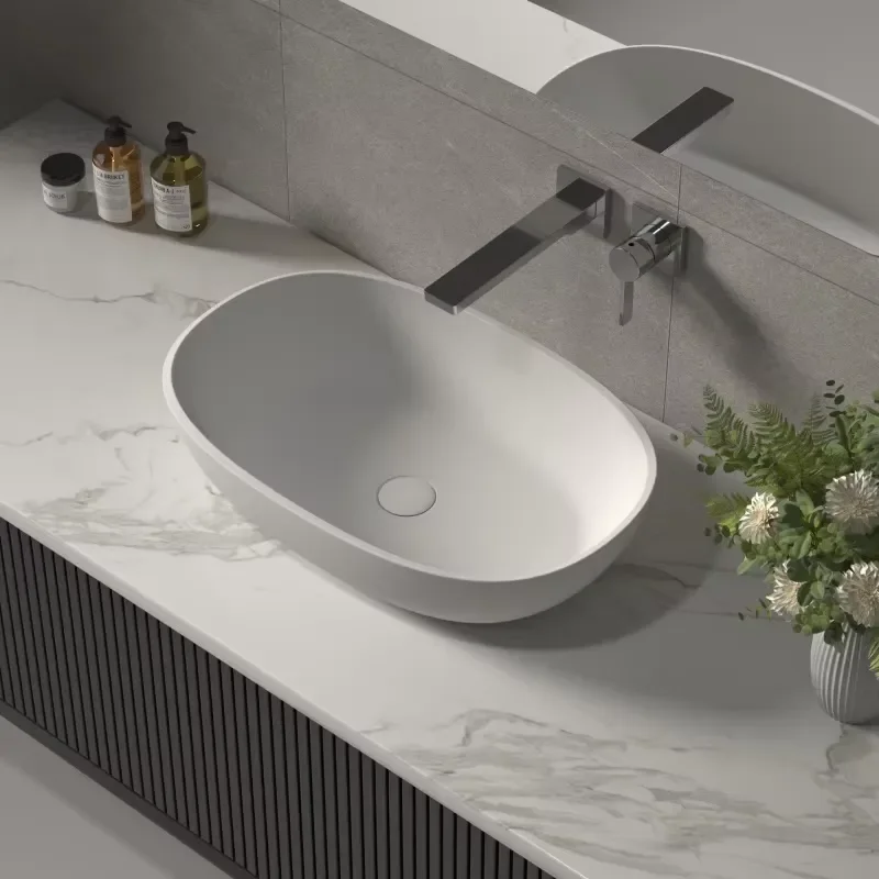 Modern Solid Surface Countertop Basin Antibacterial Resin Stone Art Washbasin for Luxury Hotel Villa Bathroom Sink European
