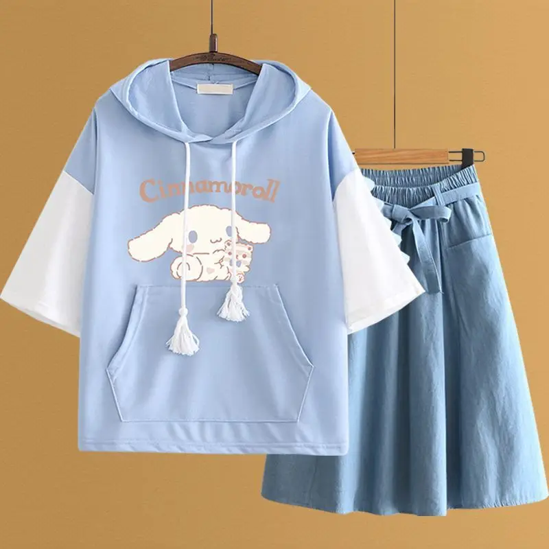 Camiseta de manga curta feminina Cinnamoroll, doce roupa solta, calça casual de pernas largas, estilo universitário, moda infantil, roupa de estudante, nova