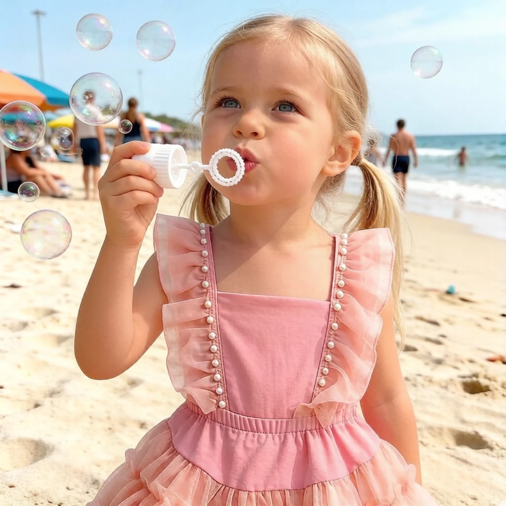 2Pcs Light Pink Pearl Tulle Kids Swimsuit, cartoon skirt style, soft quick-dry fabric, wearable alone or layered as nice gift