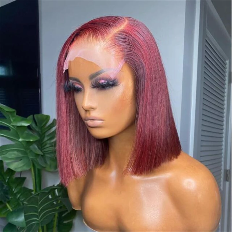 

180Density Soft Short Bob Straight Burgundy Lace Front Wig For Black Women Babyhair Preplucked Heat Resistant Wine 99j Glueless