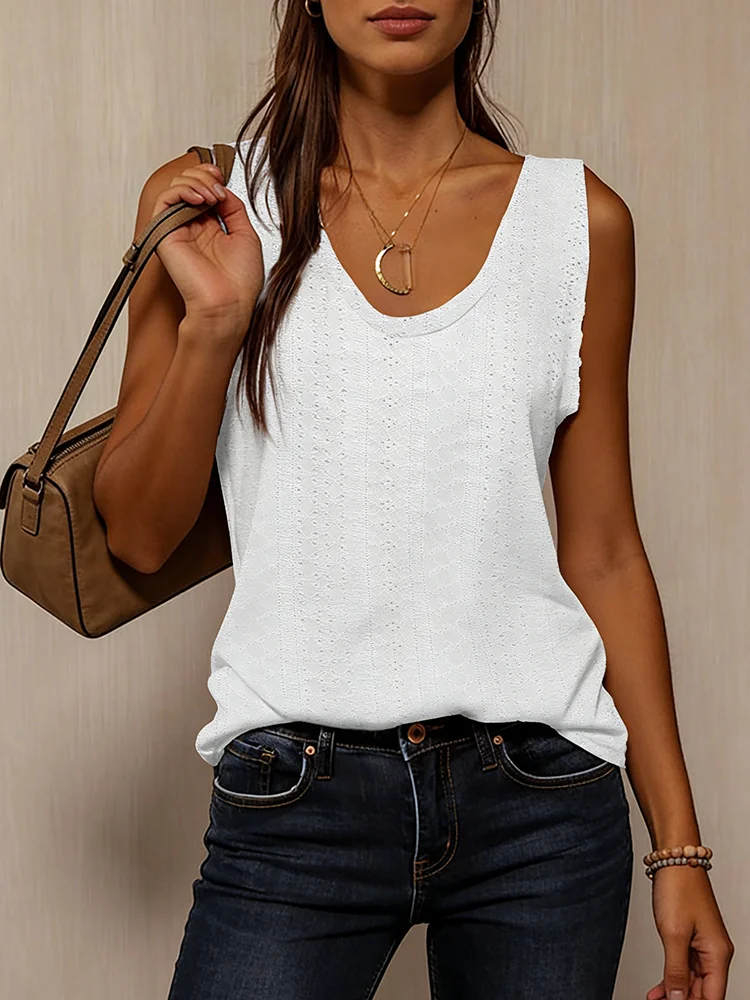 Women's Tank Top Spring Summer White V Neck Sleeveless Perforated Texture Relaxed Fresh Elegant Daily Casual Top