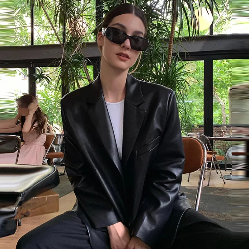 2025 Spring Autumn Woman New Black Medium To Long Leather Jacket, Suit Jacket, Women's Loose PU Leather High-end Leather Jacket