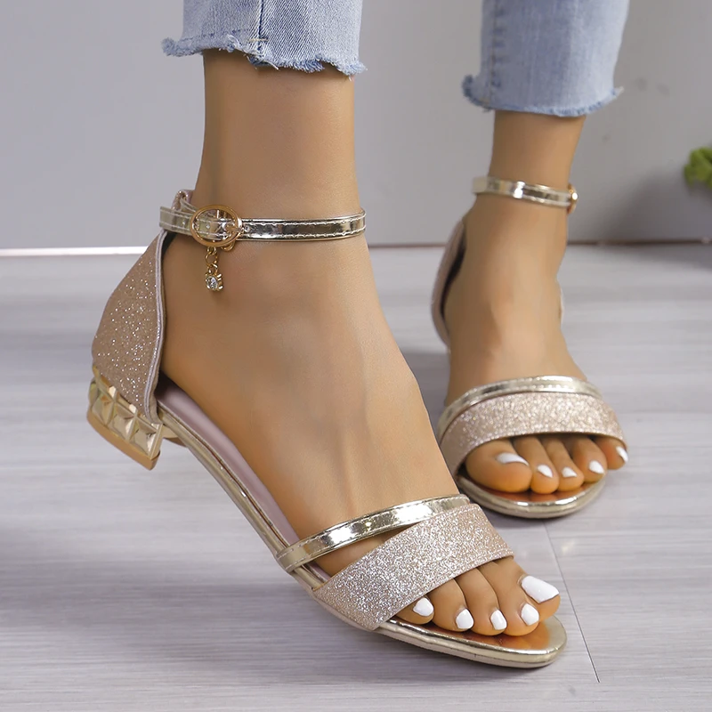 Women\'s Sandals 2024 Summer New Fashion Crystal Party Shoes for Women Comfortable Open Toed Thick Heel Sandals Sandalias Mujer