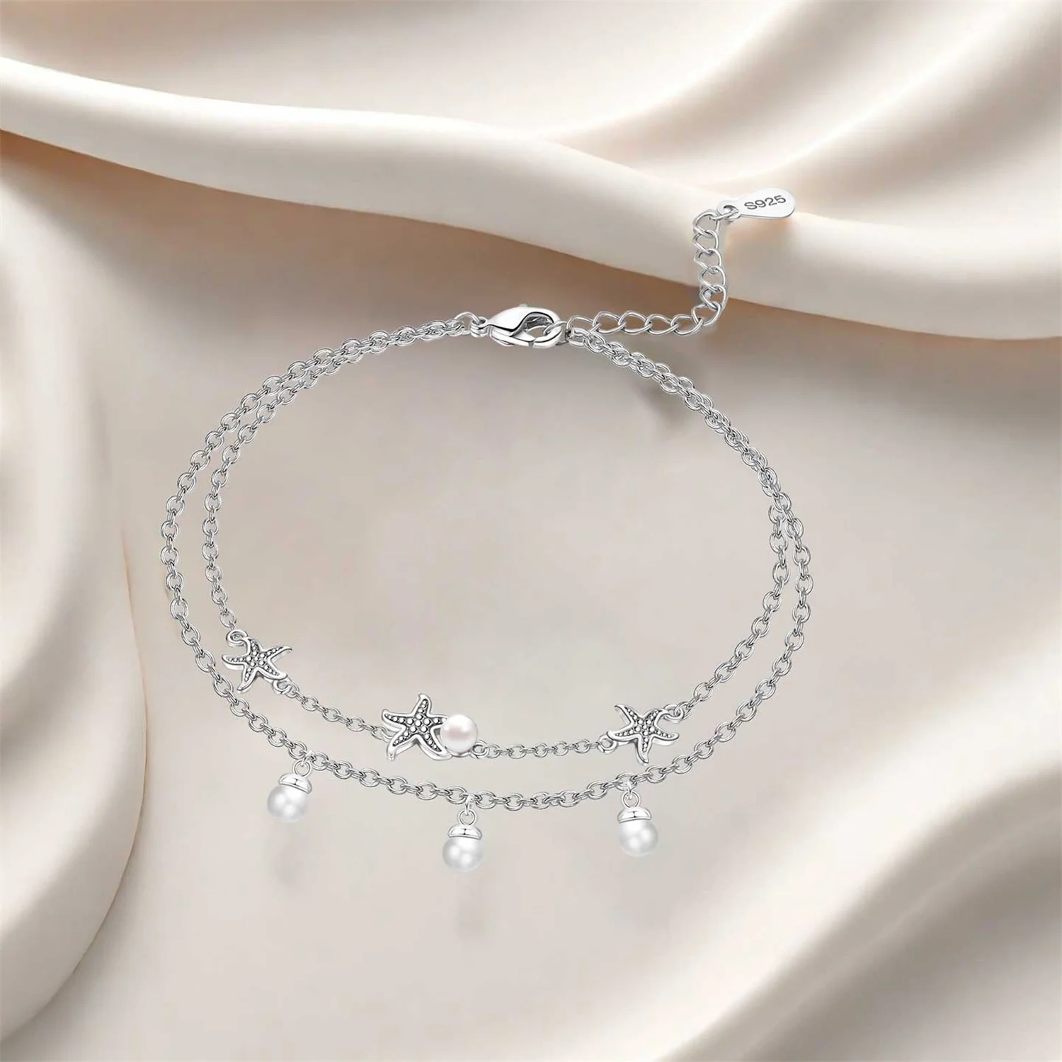 Orstarry S925 Sterling Silver Pearl Starfish Double Layered Ankle Chain Women Lady Ankle Bracelet Prom Foot Party Jewelry Gifts