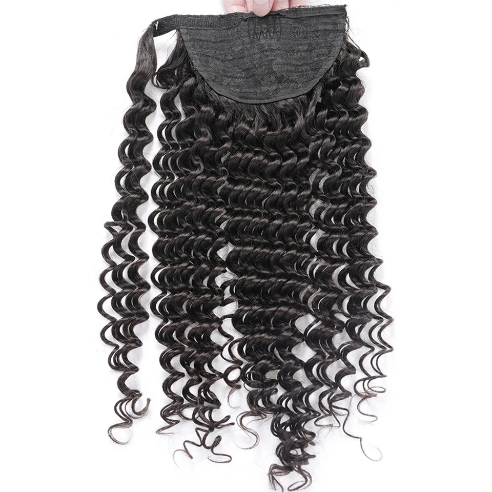 Deep Wave Wrap Around Ponytail Human Hair Deep Curly Pony-Tail Hair Extensions Brazilian Real Human Hair Natural Color For Women