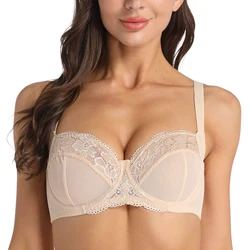 New Big Size Women Bra Full Coverage Minimizer Lace Floral Embrodiery Mesh Bras Underwire B C D E F G H Cup 34 36 38 40 42 44 46