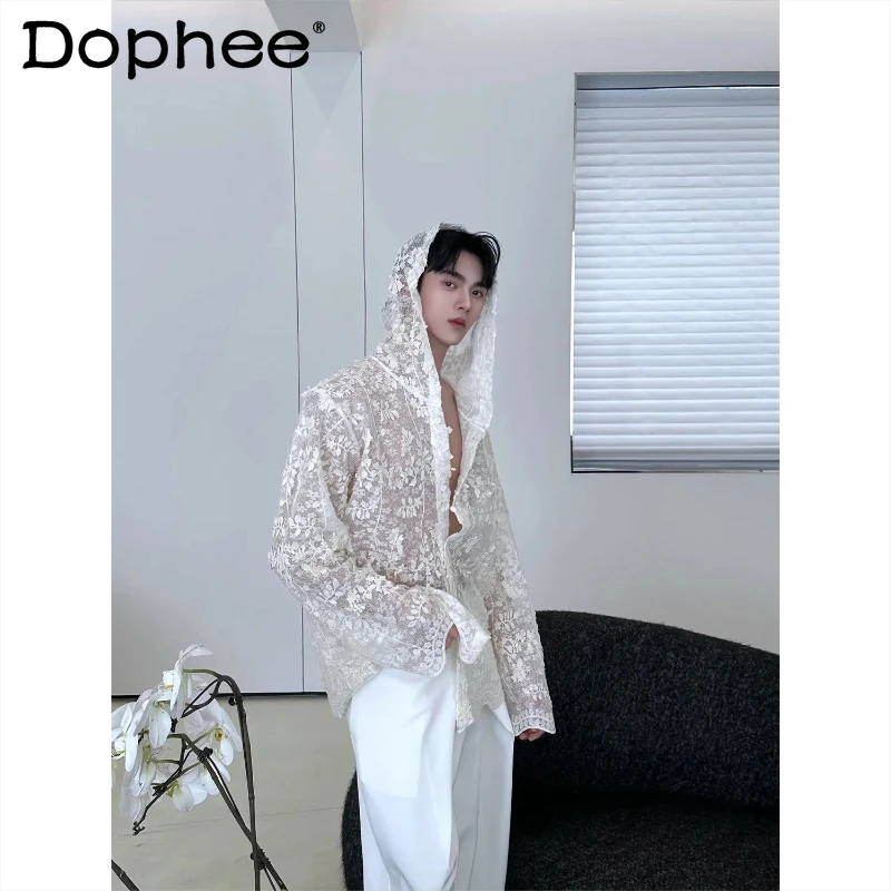 

Мужская рубашка с капюшоном из новой коллекции Весна-Лето 2026: легкая, роскошная, прозрачная, жаккардовая, с защитой от солнца, с длинным рукавом, вышитая куртка