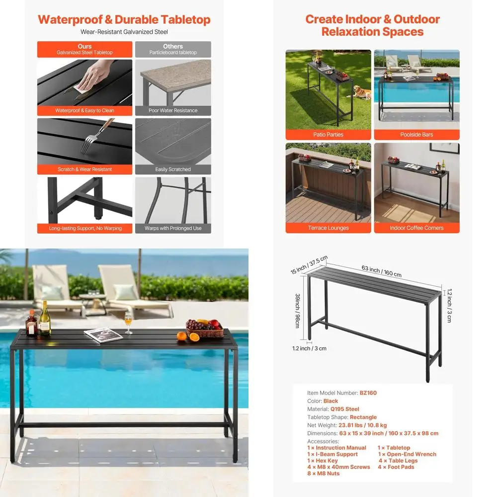 

Rectangle Counter Height Outdoor Bar Table, 63 x 15 Waterproof Top, Sturdy Metal Frame, Ideal for Patio, Balcony, Poolside, Indo