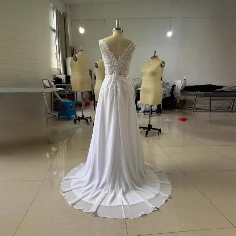 الكتف العميق الخامس الرقبة الدانتيل المطرزة أكمام فستان طويل للخروج فستان الزفاف الخفيف فستان زفاف بسيط مخصص