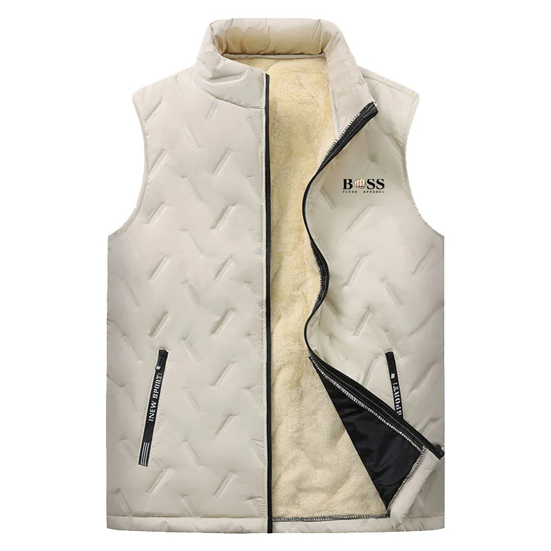 Men's vest, stand up collar, lamb wool, warm vest, autumn and winter thick windproof jacket, zipper, shoulder print vest