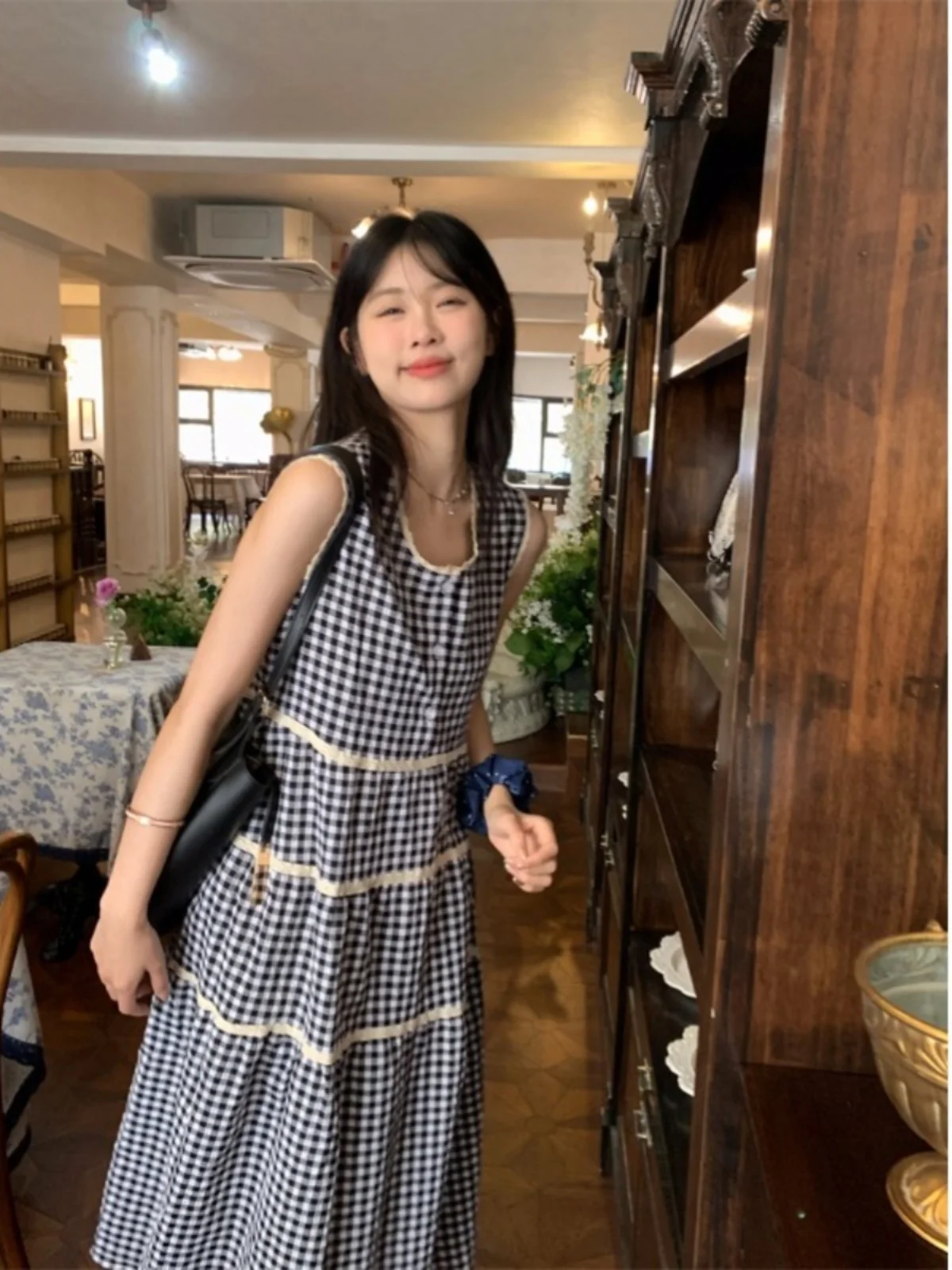 Japanese Style Sleeveless Dress For Women Vintage Pplaid A-line All Match Dress Spring Summer Cute Round Collar Dress