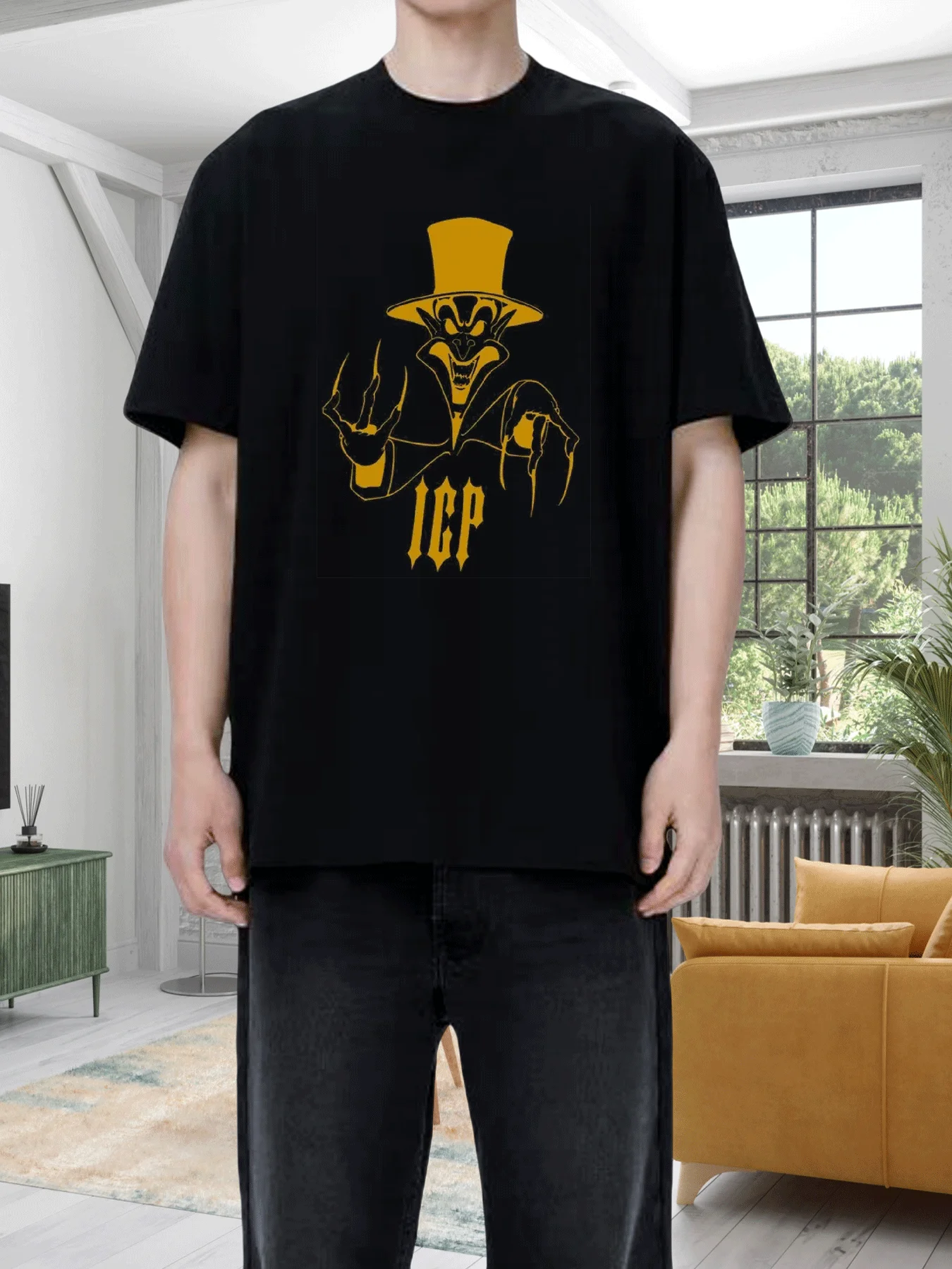 

[Yellow Demon Clown T-shirt] Black Cotton Oversize Round Neck T-shirt - Yellow Demon Clown Printing - Clear Print, Neat Stitch