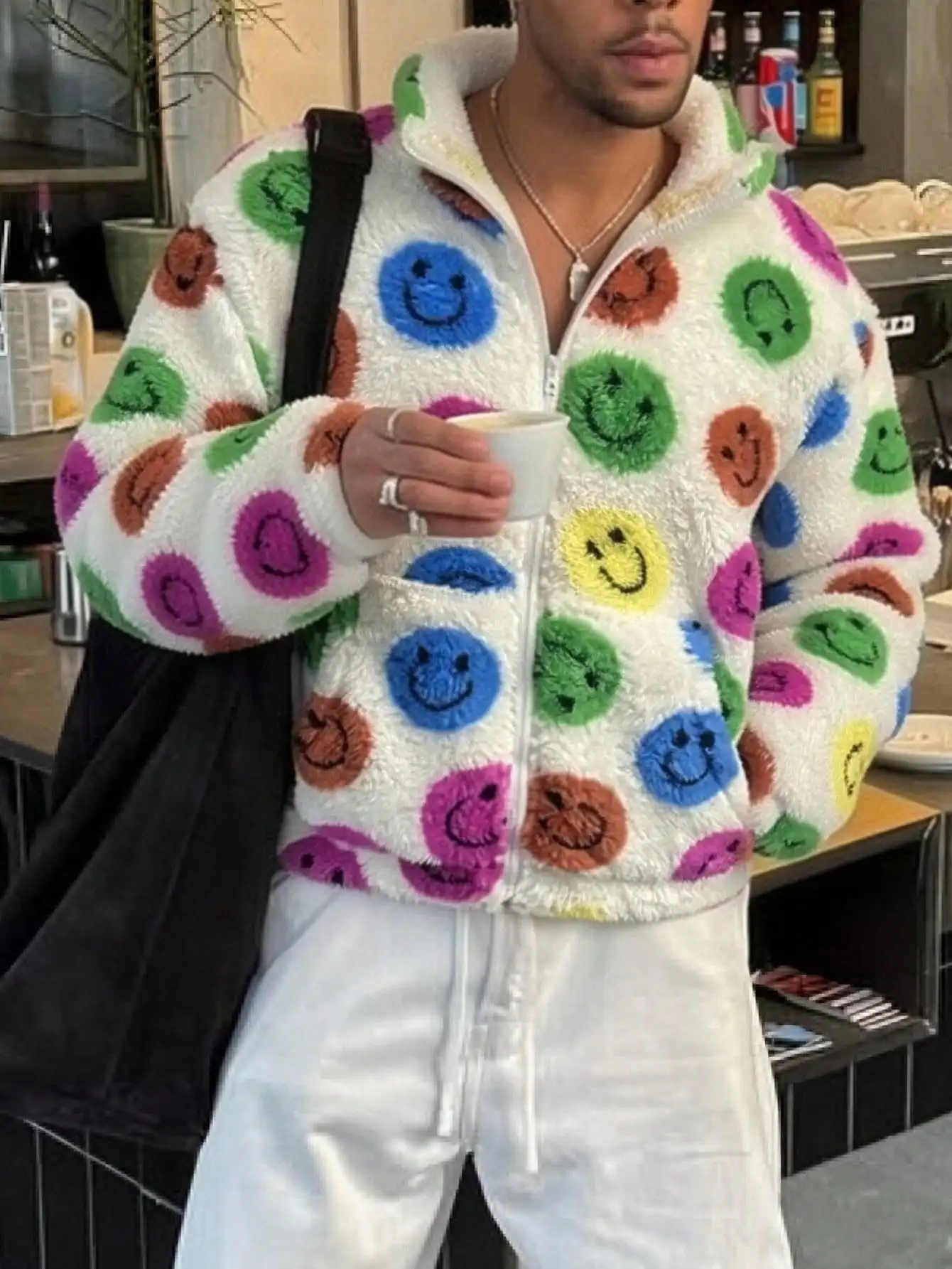 Unisex Colorful Smiley-face Textured Streetwear Jacket—casual Style Suitable for Spring, Autumn, and Winter. Men Clothing