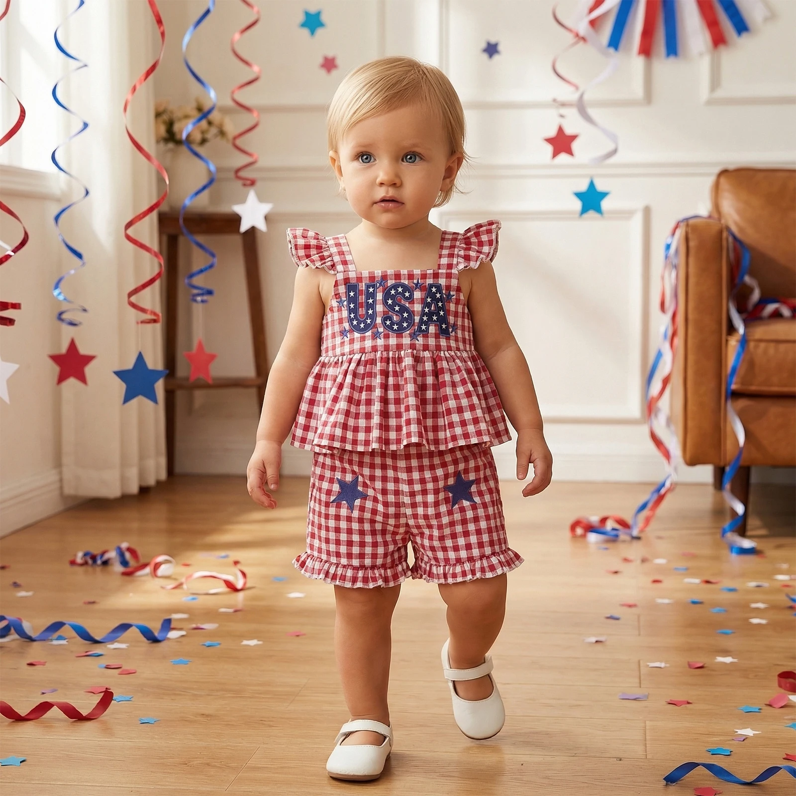 Little Girls Independence Day Outfits Adorable Letter Star Embroidery Flying Sleeve Square Neck Tops Plaid Shorts Set 0-4Y