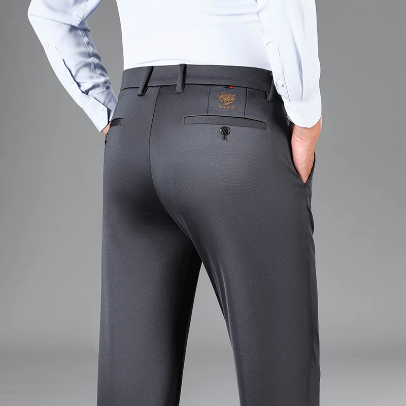 

Brand Clothing Summer Thin Embroidery Suit Pants Men Straight Classic Business Work Grey Formal Trousers Male Plus Size 40 42