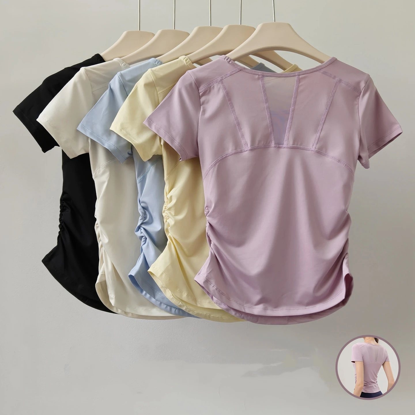 Mesh-Nähte, Yoga-Sport-Top, kurzärmelig, für den Sommer, schmal geschnitten, schnell trocknend, atmungsaktiv, Fitness-T-Shirt für Lauftraining