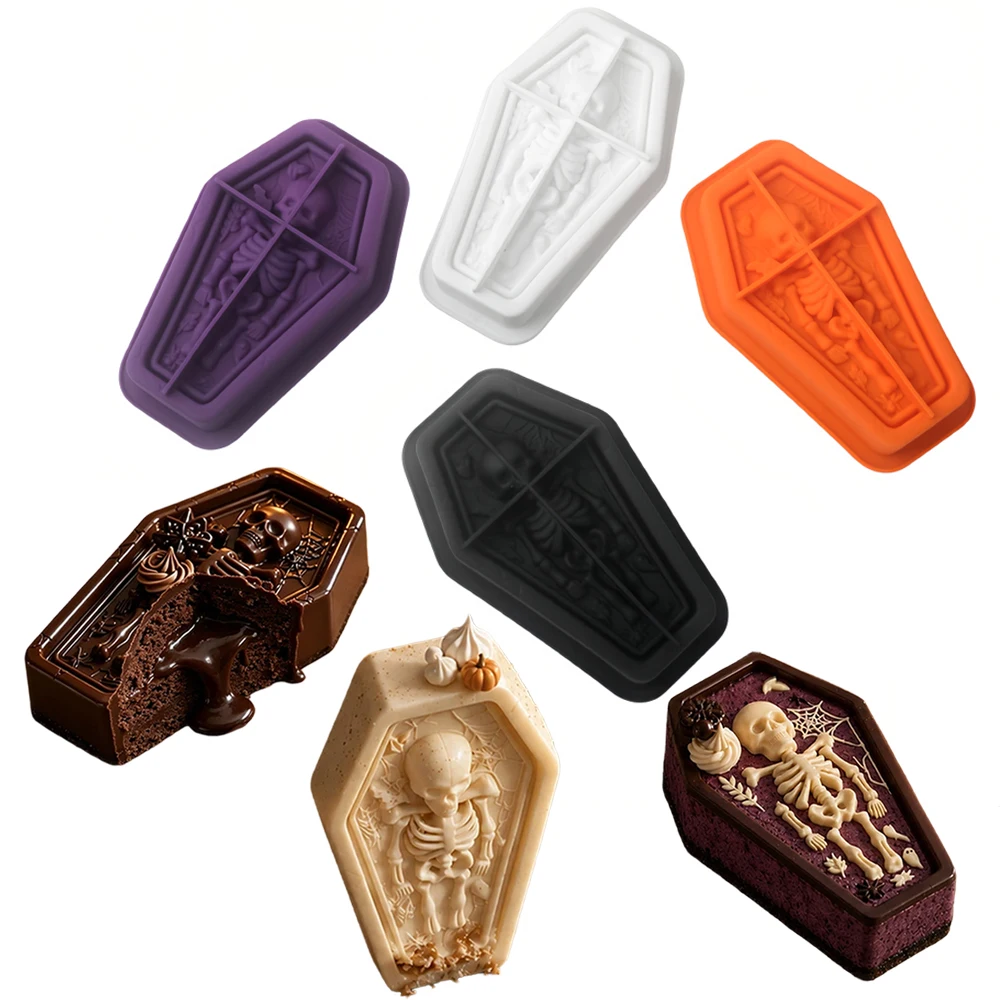 Coffin Skeleton Skull Design Halloween Silicone Chocolate Cake Mold Food Grade Mousse Cake Mould Kitchen Dessert Bakeware