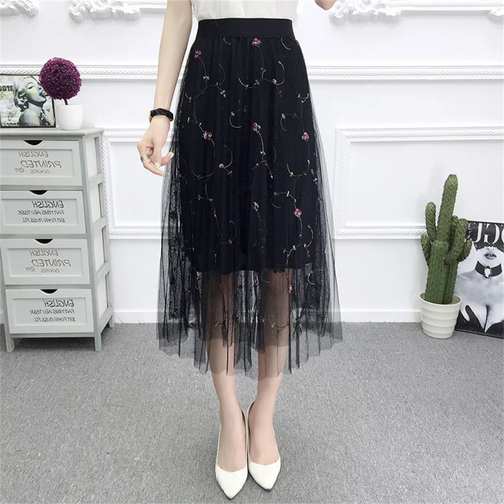 

2024 Korean Summer Women Mesh Skirt Ladies Elegant Mid-calf Swing Elastic Skirts Fashion Flowers Embroidery Long Skirt