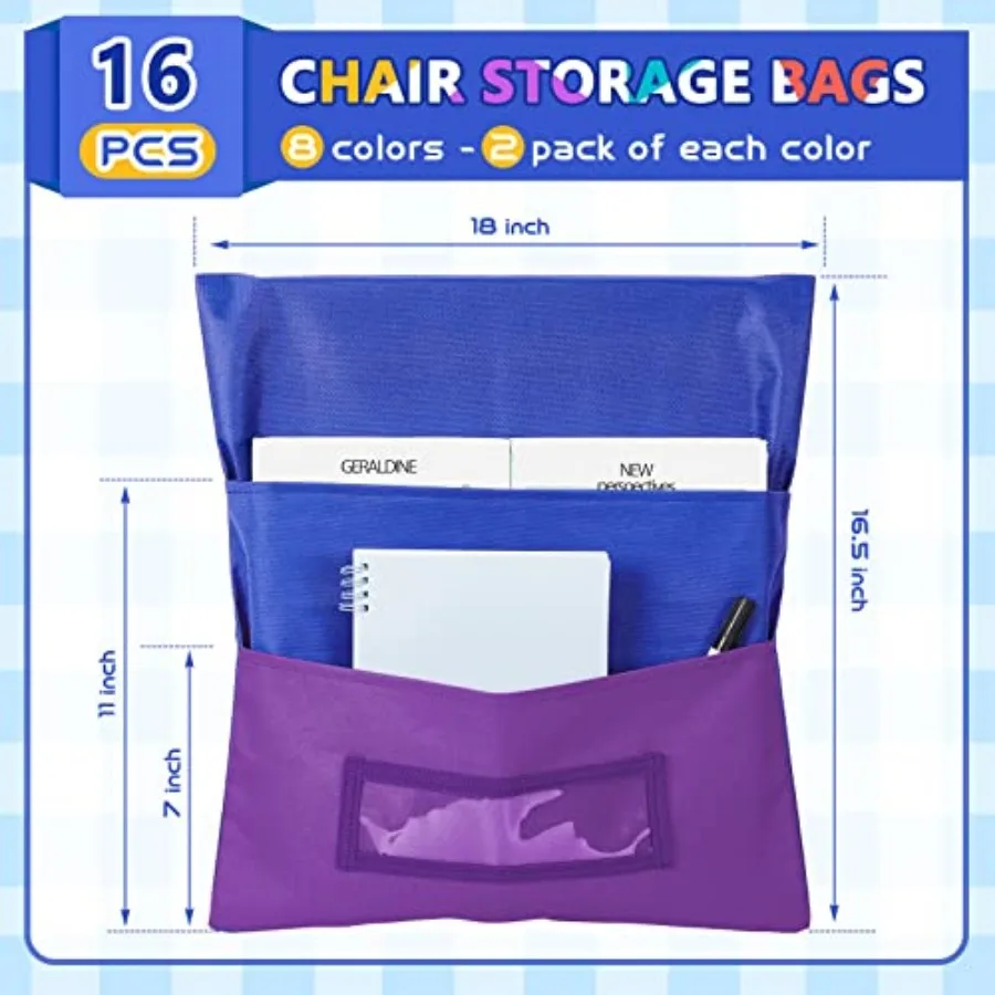16 Pieces Chair Pockets Classroom Student Chair Organizer 8 Colors Seat Storage with Name Tag Slot for School, Classroom, Home,