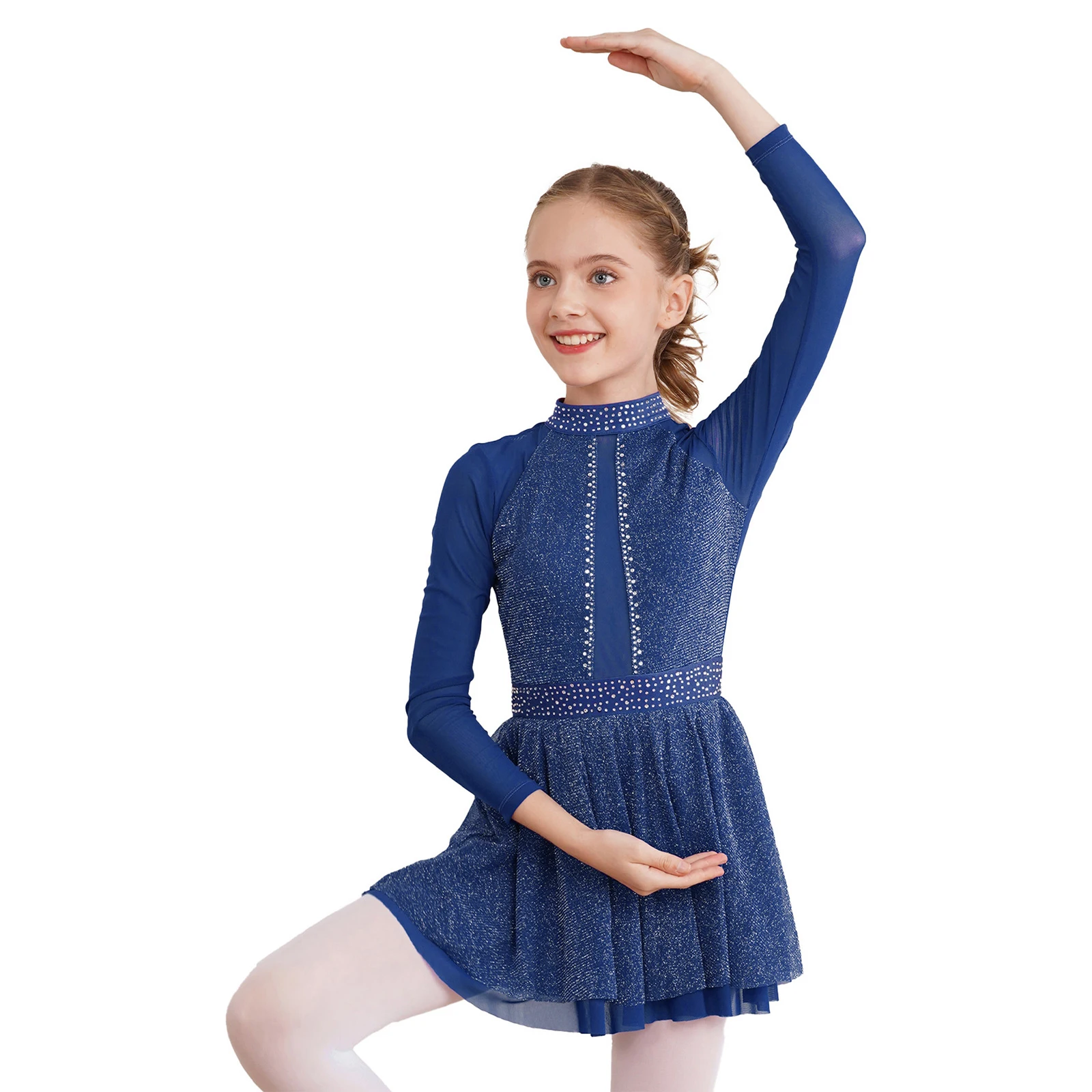 New Kids Girls Ballet Leoatards Dress Gymnastics Figure Skating Dance Dress Long Sleeve Shiny Rhinestone Mesh Lyrical Dancewear