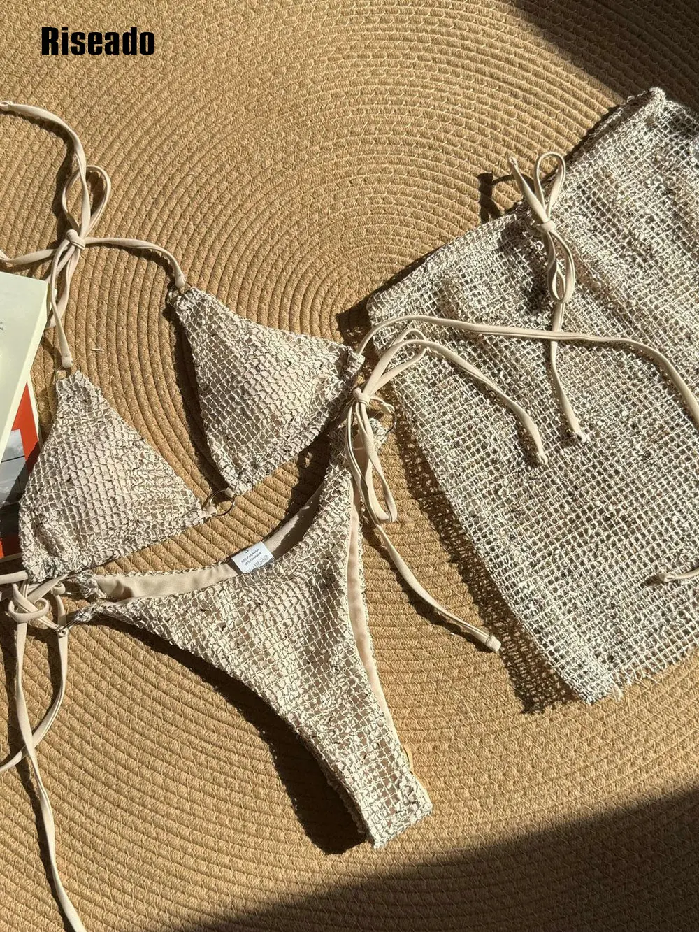 Women's Crochet Bikini Sets 3 Piece Halter Swimsuits Bathing Suit with Cover Up Skirt Micro Bikinis Outfit
