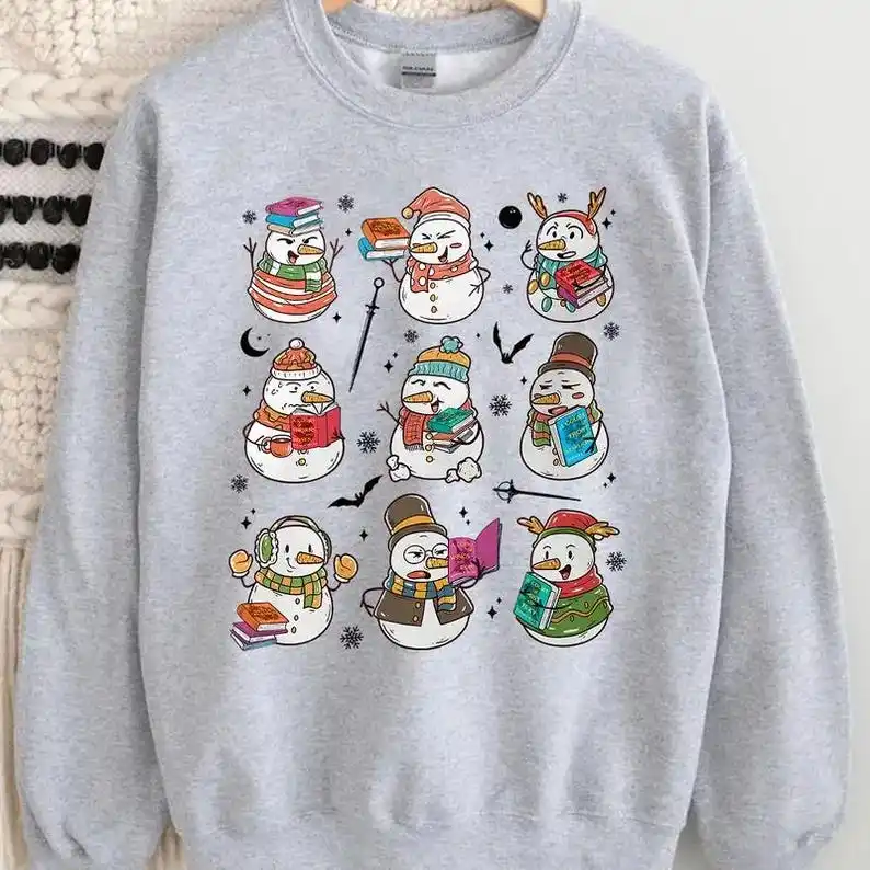 Book Lover Snowman Crewneck Sweatshirt Retro Christmas Gift Happy Lovely Snowman Pattern Long Sleeve Thermal Hoodie Sportswear