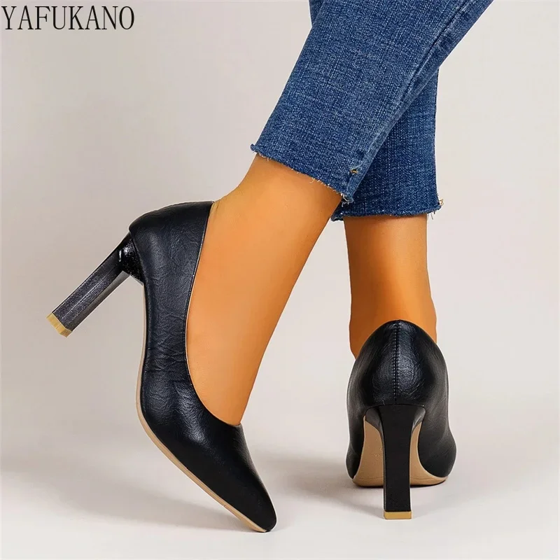 Fashion Point Toe Chunky Heeled Ladies Pumps Simple Black Office Work Single Shoes Comfort Small Thick Heel High Heels