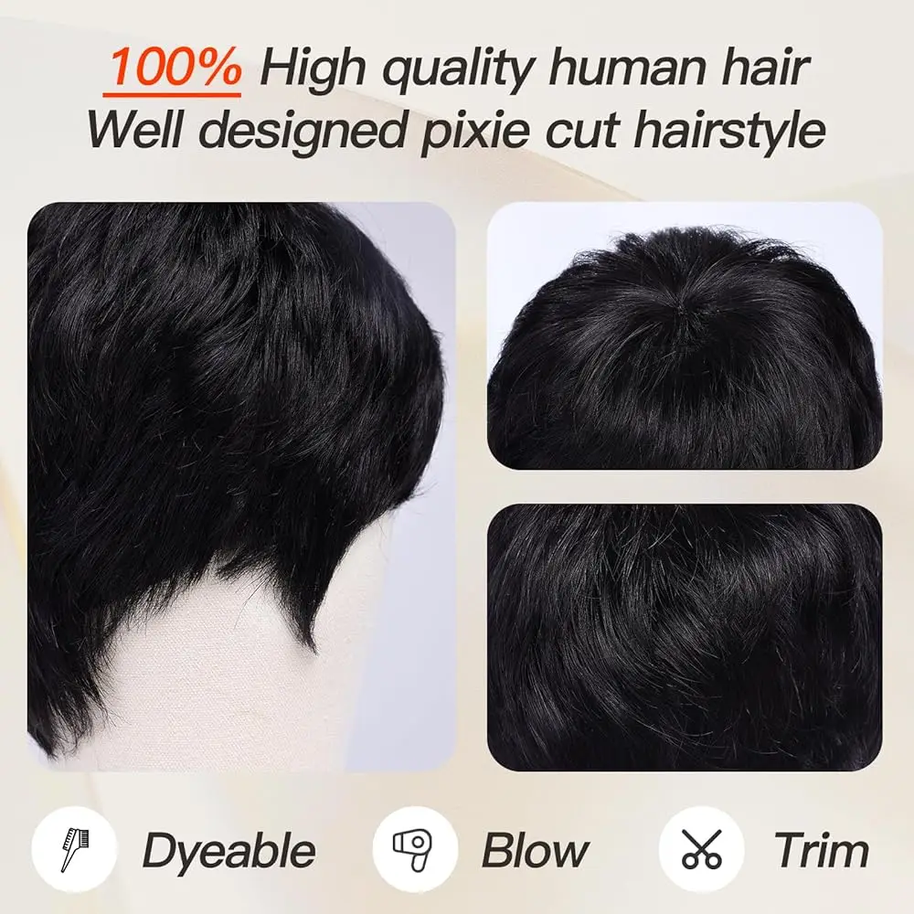 100% Remy Human Hair Wig for Brazilian Women Chocolate Brown Pixie Cut Short Human Hairs Wig Natural Straight Bob Wig with Bangs