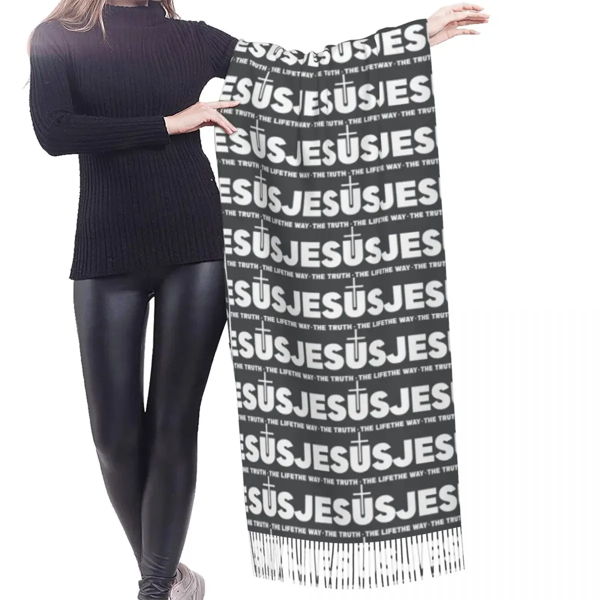 Custom Jesus Christ The Way The Truth The Life Tassel Scarf Women Soft Religion Christian Faith Shawl Wrap Winter Fall Scarves