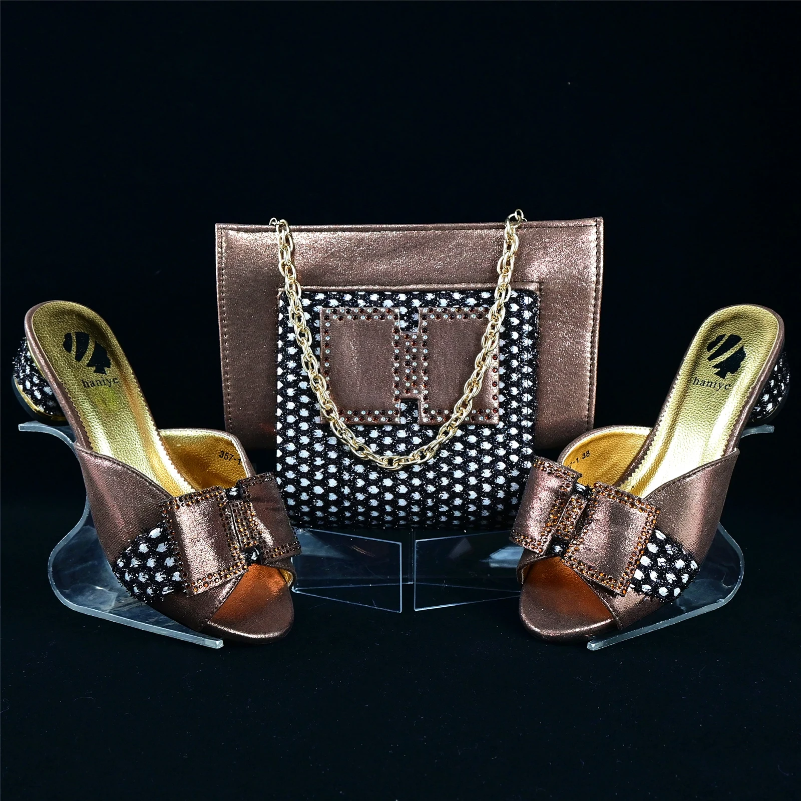 Wedding Party New Fashion Arrivals Shoes and Bag Set in Coffee Color Lovely Elegant Women Slipper with Shinning Crystal