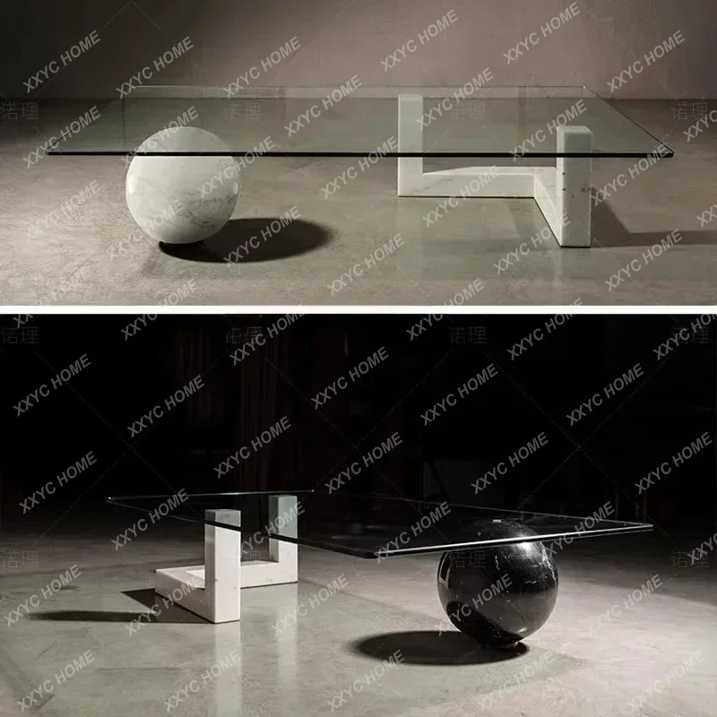 HHLight luxury personalized natural marble creative table  extremely simple transparent square tempered glass coffee table