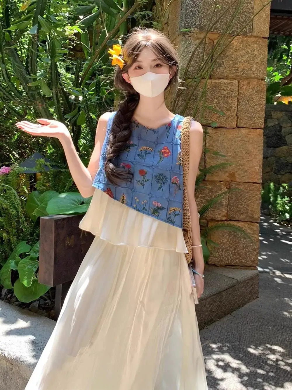 Top sin mangas de algodón y lino azul para mujer, conjunto de verano estilo étnico, chaleco irregular único tipo muñeca, cami...