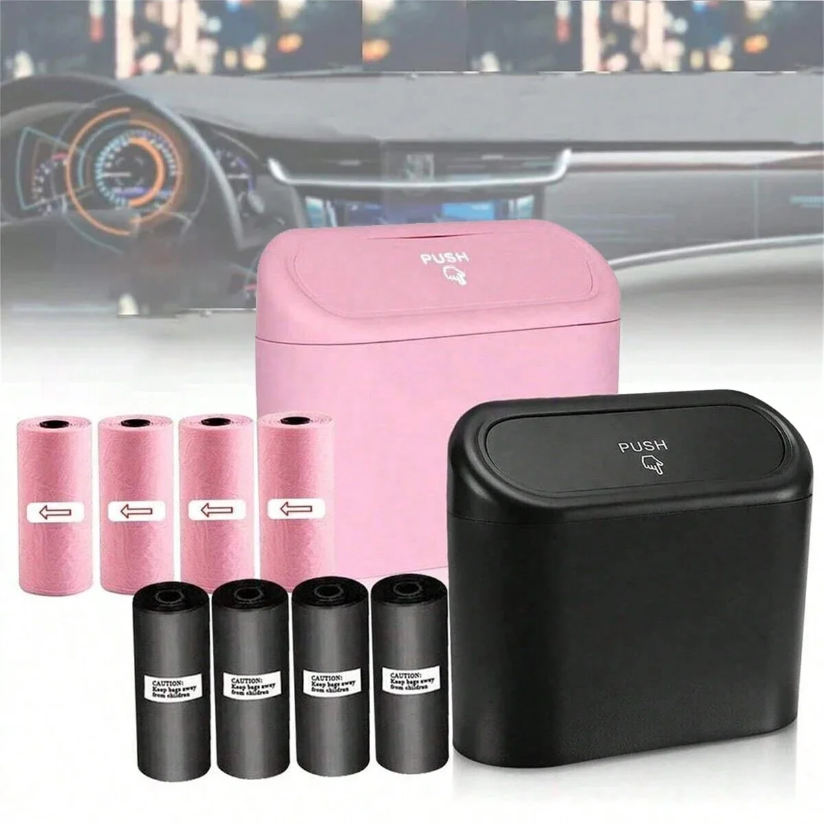 Car Trash Can with Lid / 4 Rolls of Garbage Bag, Leak-Proof, Portable Hanging Trash Can for Vehicle Organization