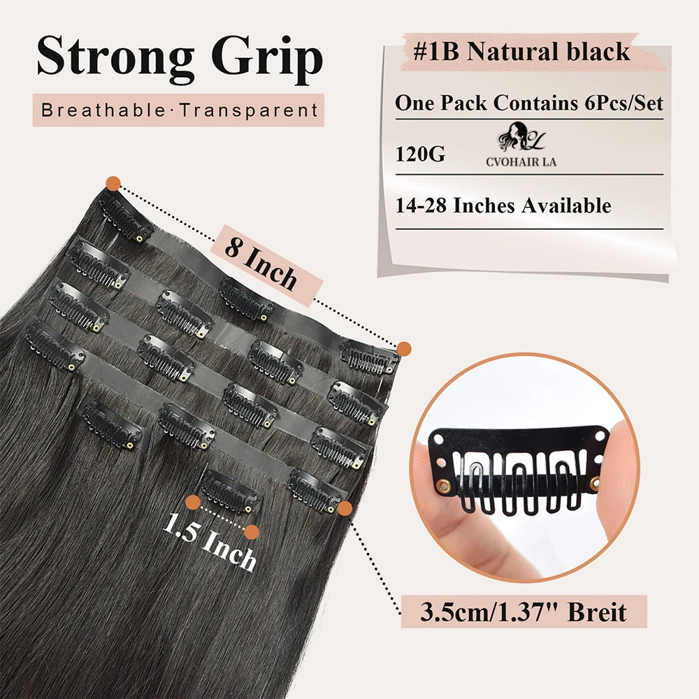 مستقيم سلس كليب Ins 100% وصلات شعر بشري بولي Clip كليب Ins الشعر التمديد للنساء كامل الرأس 120 جرام اللون الأسود الطبيعي