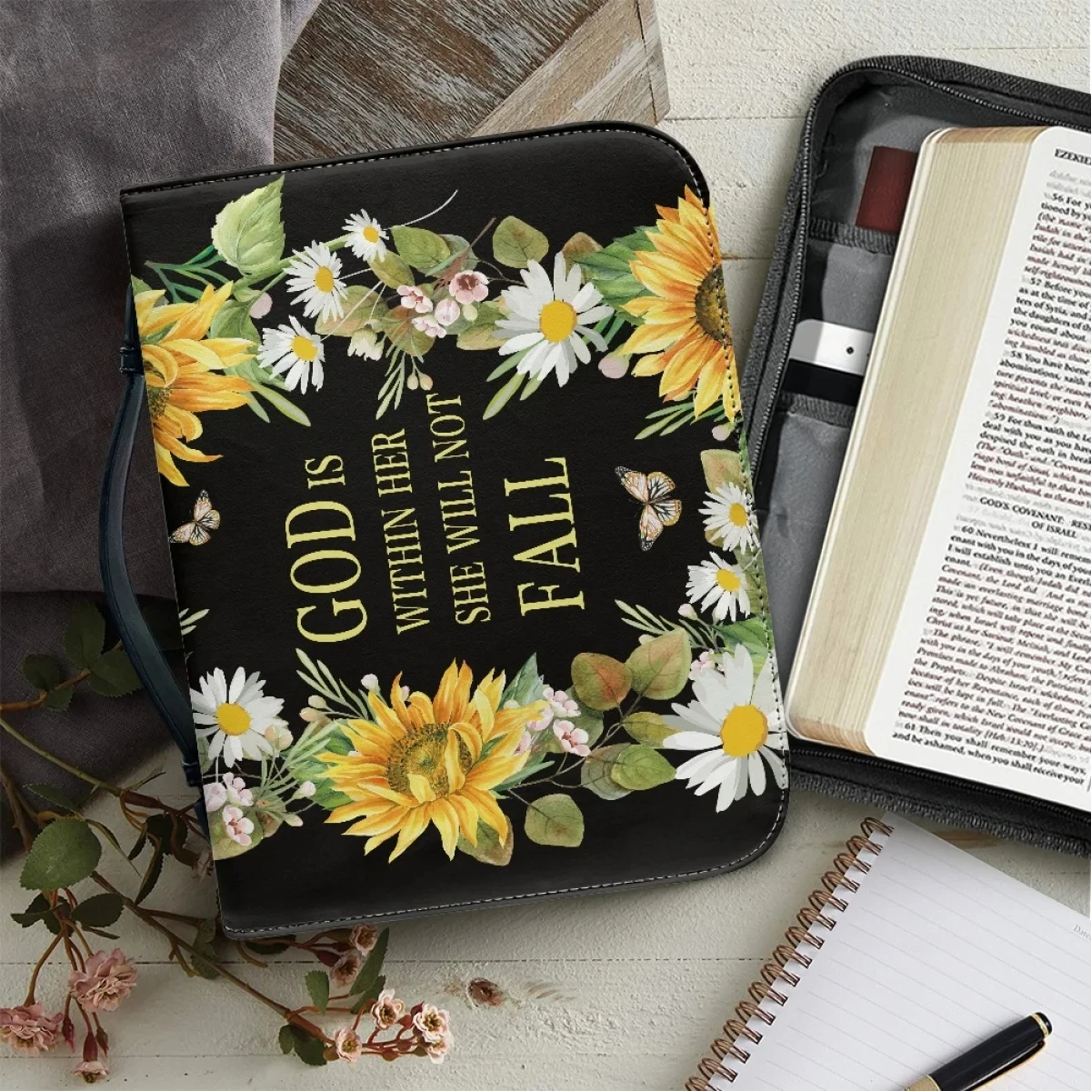 

Sunflower Bible Cover Bible Bag Protective Floral Design Handbag Multiple Pockets Handle for Easy Hold Books Leather Study Book