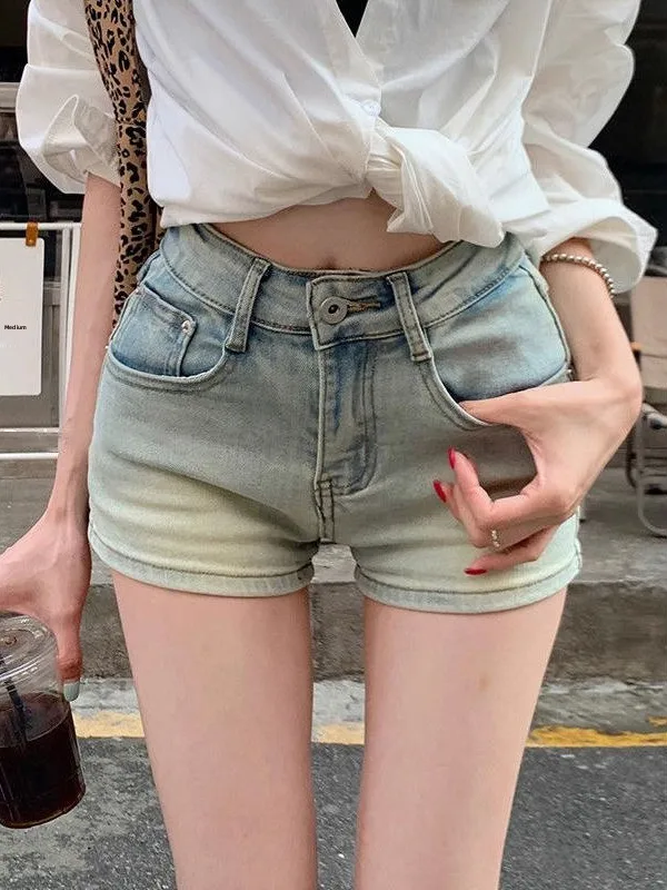 

Light Blue Denim Super Short Pants Women's Small Size Summer High Waist Slim Straight Leg Pants Sexy Tight Butt Shorts