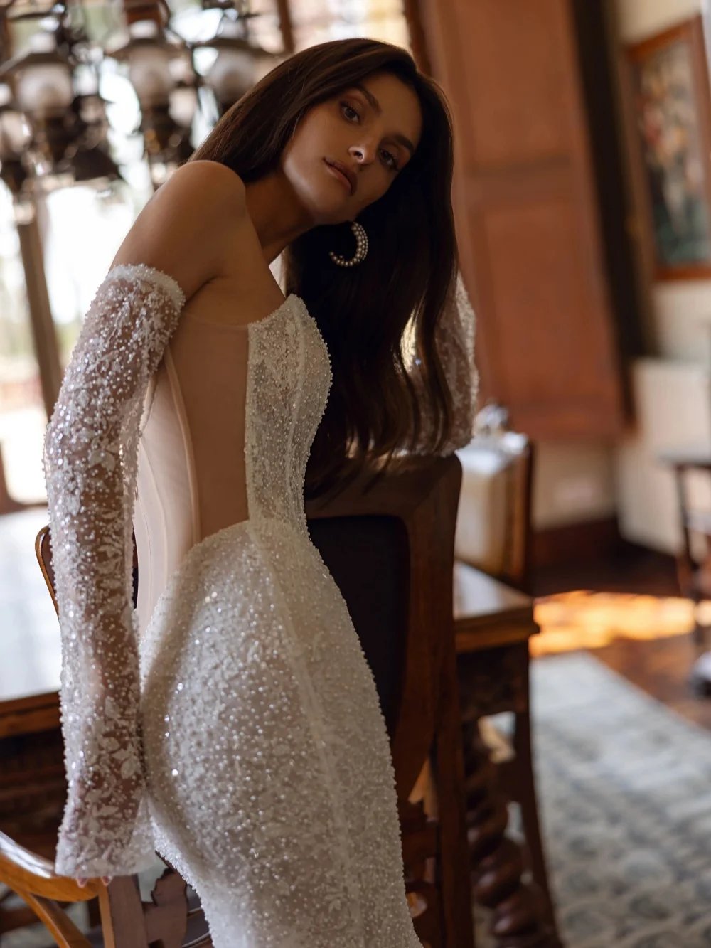 Exquisito vestido de novia de encaje con cuentas brillantes, vestido de novia largo de sirena con manga desmontable, vestidos sin tirantes personalizados para novia