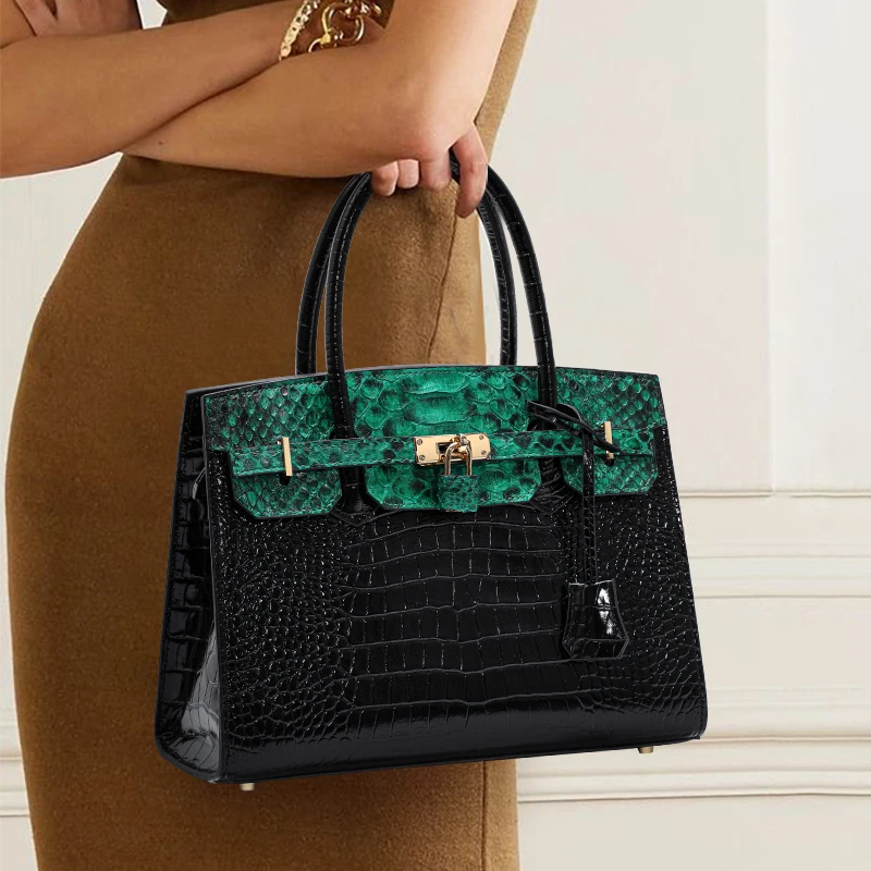 

Сумка-тоут из воловьей кожи с верхним зерном — черно-зеленый дизайн с тиснением под крокодила и золотой застежкой, элегантная повседневная или офисная сумка