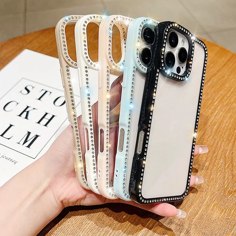 حافظة فاخرة مرصعة بالجواهر لهاتف آيفون إير 17 16 15 14 13 12 برو ماكس بلس فتاة موضة لون الحلوى غطاء صلب هجين شفاف ناعم