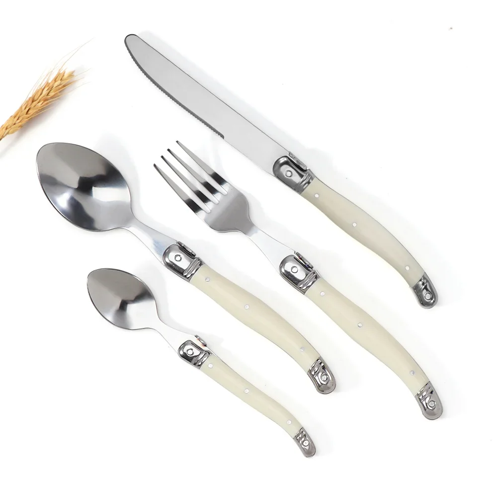 Jaswehome 24Pcs Laguiole Silverware Steak Knives Forks Spoons Teaspoon Set Stainless Steel Ivory white Plastic Handle Cutlery