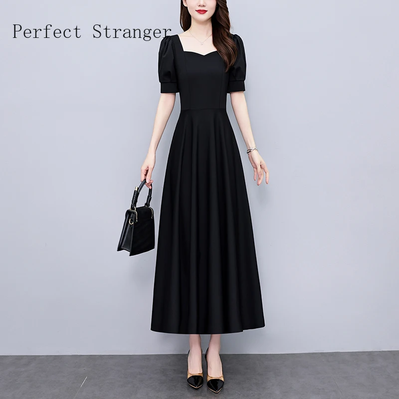 

Women Summer Elegant Short Sleeve Dress Festa High Quality Long Office Party Robe Femme Runway Vintage Designer Black Vestidos