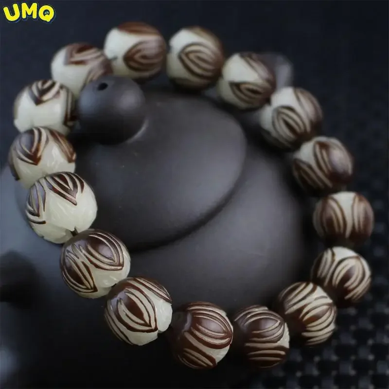 Natural White Jade Bodhi Root Bracelet Seed CarvedBuddha Bead Male and Female Couple Hchain Jewelry Simple