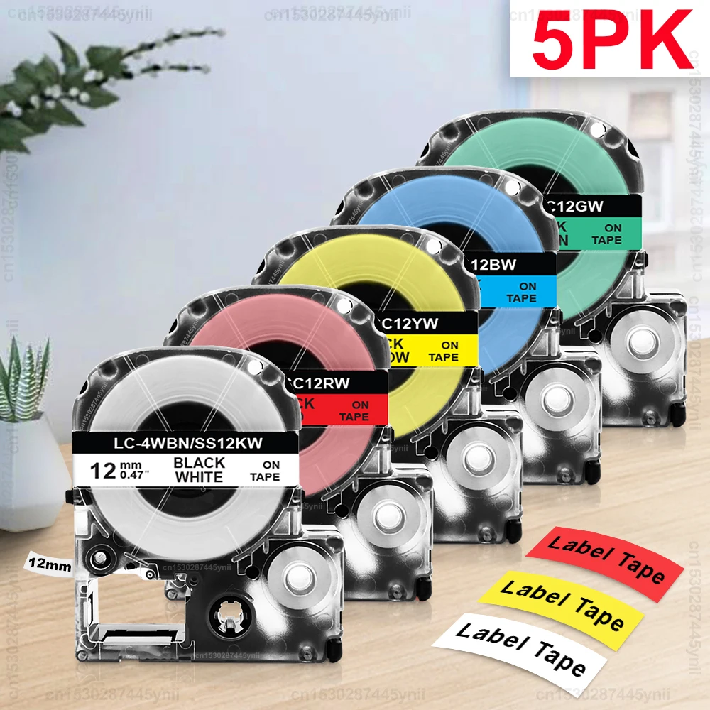 2/5PK SS12KW 12mm Label Tape Replace for Epson Kingjim SS12KW LC-4WBN SC12YW Label Sticker For Epson LW-300 400 600P Label Maker